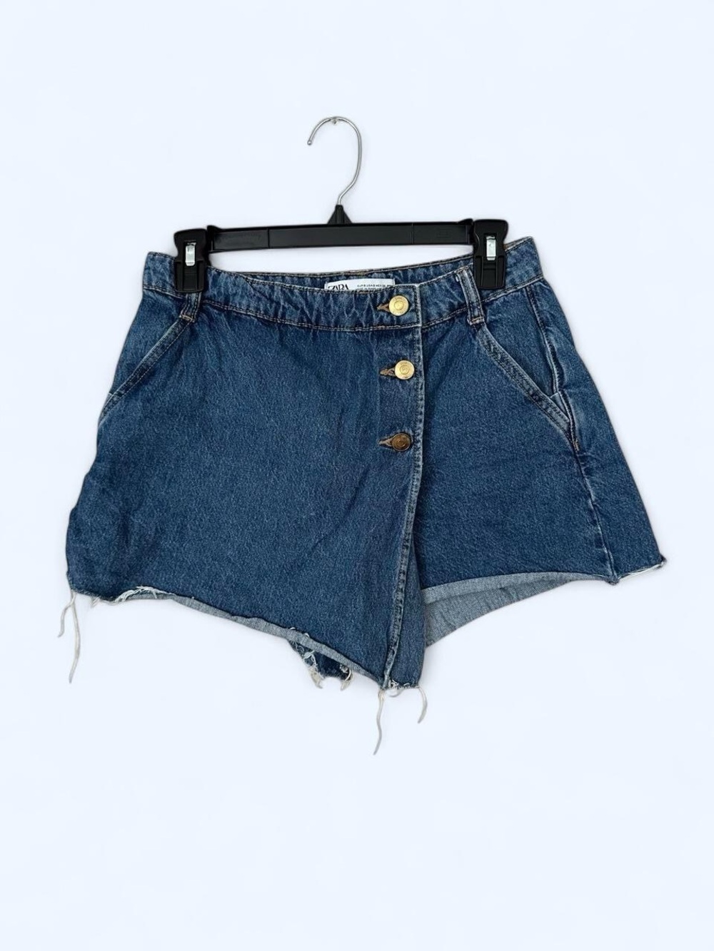 Zara Dark Blue Asymmetrical Button Denim Shorts